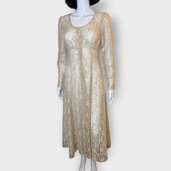 Vintage 1980s / 1990s Dawn Joy Fashions, Beige Champagne Lace, Overlay Dress - Picture 3 of 9